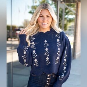 NWT Floral Embroidered Navy Sweater